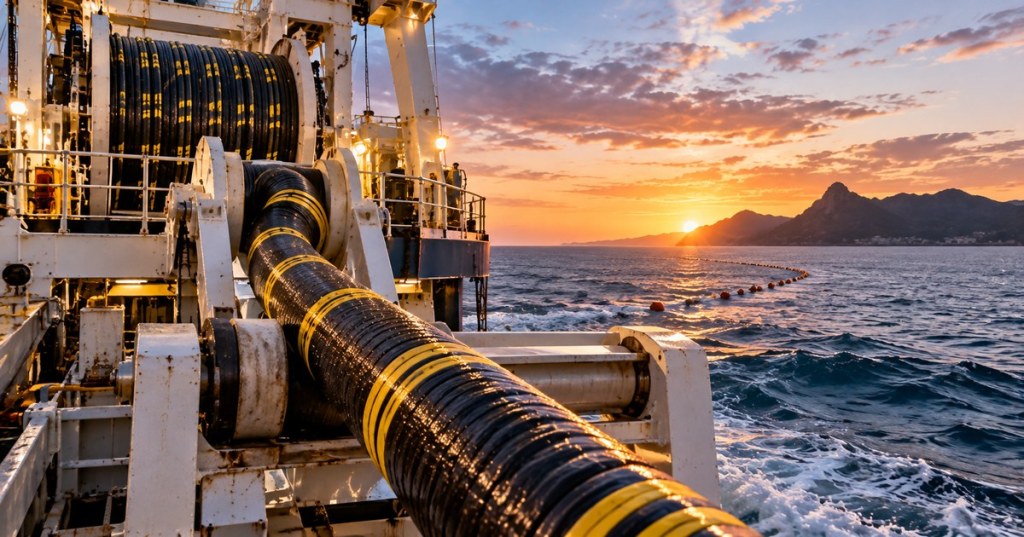 Photorealistic editorial image of a cable-laying ship deploying a thick submarine communications cable at sunset