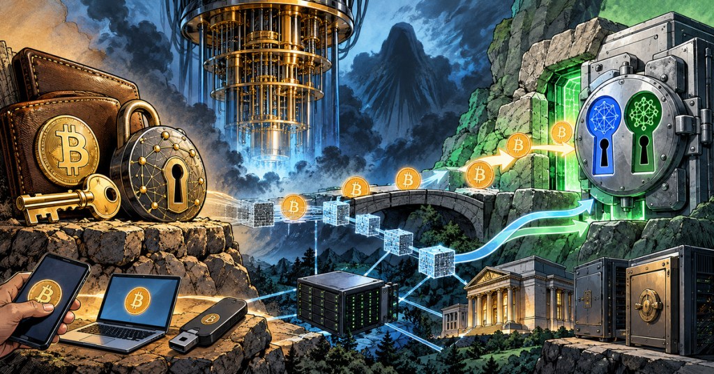 Wordless comic illustration showing Bitcoin moving from classical cryptographic keys toward hybrid post-quantum protection while a quantum computer looms in the background.