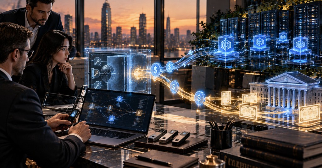 Realistic editorial image of an institutional self-custody vault routing stablecoins through onchain strategies into DeFi and tokenized real-world assets while control remains with the account owner.