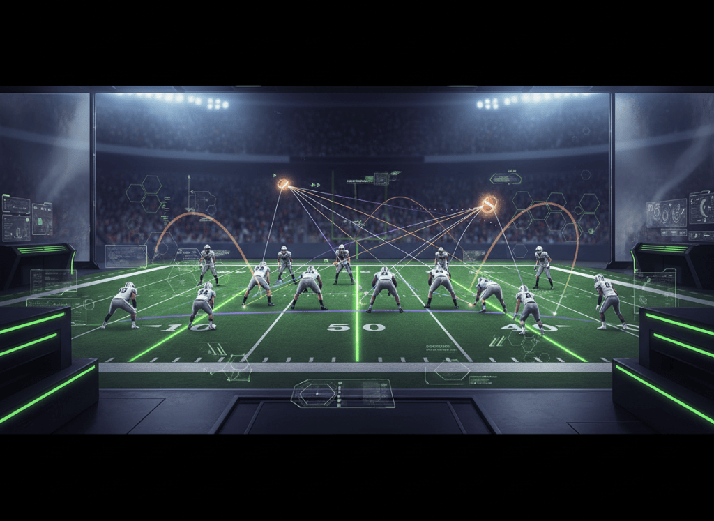Editorial illustration of a college football game simulation showing blocking assignments, defensive contain logic and passing trajectories.