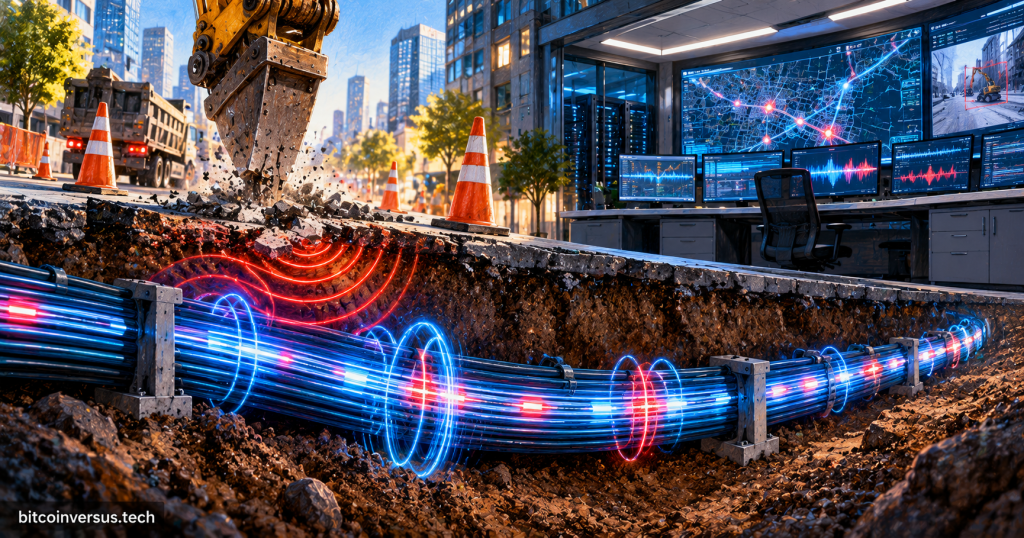 Cutaway illustration of urban fiber optic cables detecting construction vibrations and feeding alerts into a network operations center.