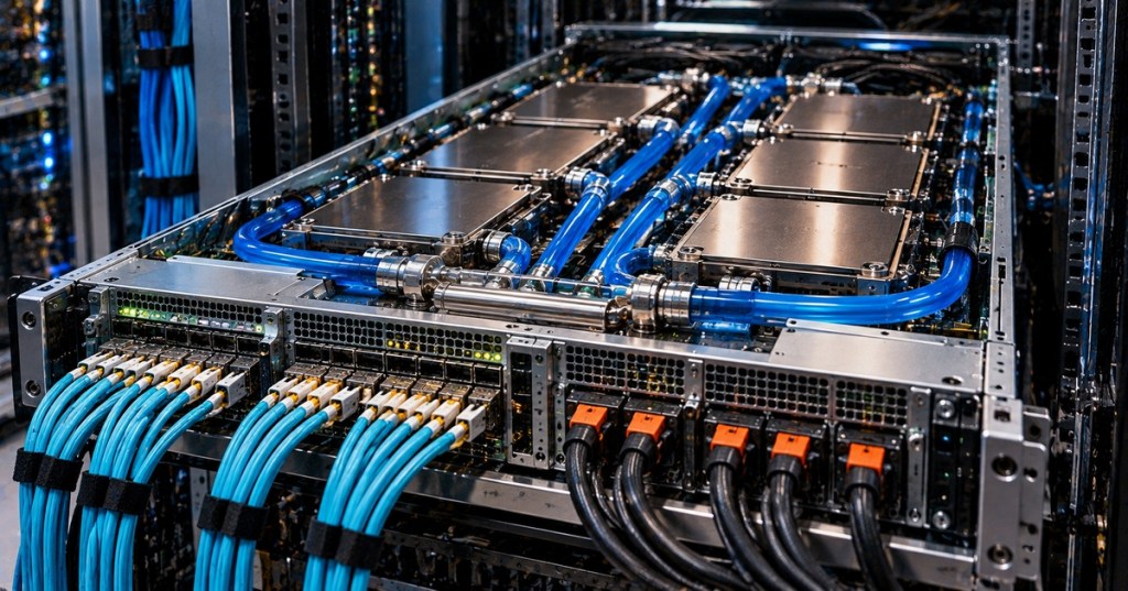Liquid-cooled 2U AI server with eight accelerator cold plates, fiber links, power cables, and coolant lines.