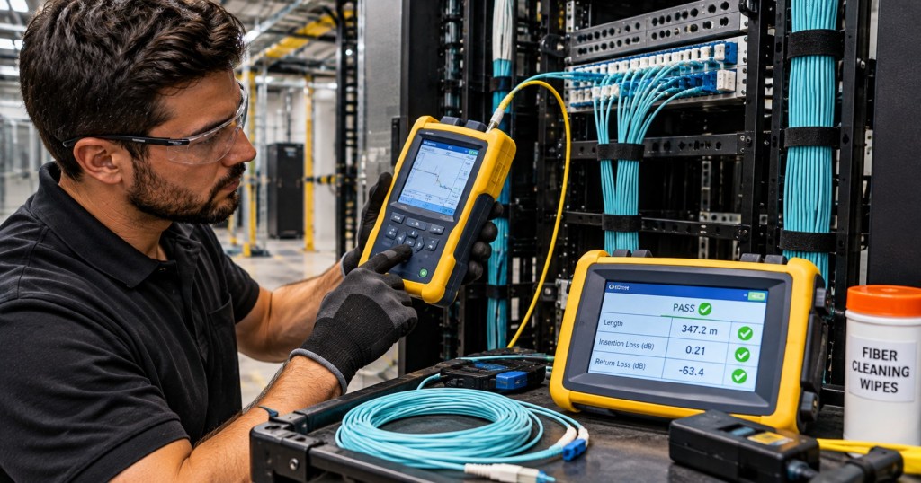 Technician testing fiber cabling and reviewing pass results beside organized cable pathways in a data center.