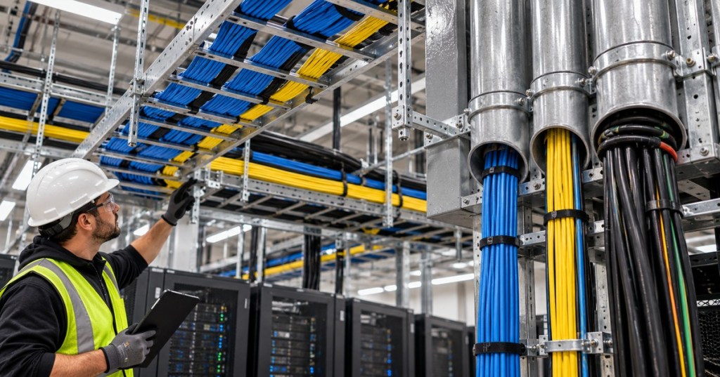 Technician inspecting overhead cable trays and conduits filled with organized data and power cabling in a modern data center.