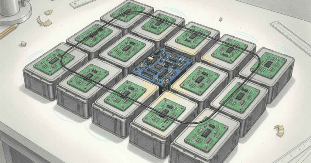 A modular high-voltage battery pack using a single bus antenna for contactless communication between monitoring electronics and the battery management system.