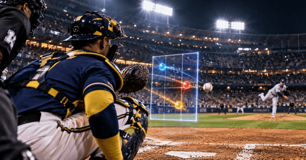Conceptual baseball catcher and tracked strike zone under stadium lights