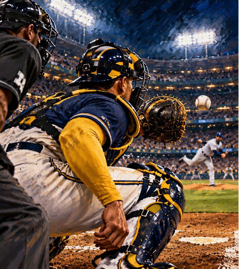Editorial illustration of a catcher evaluating a pitch.