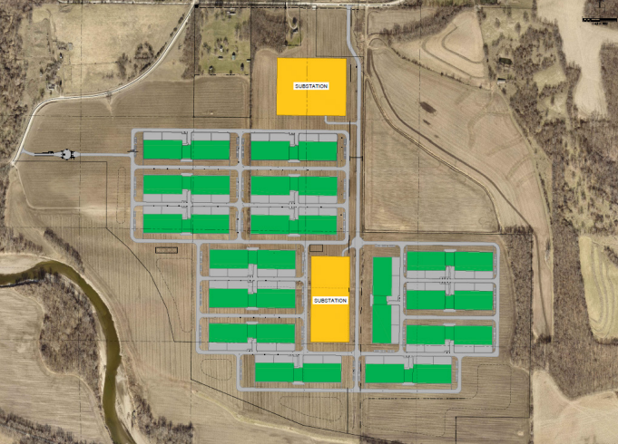 Existing COPT Defense Van Meter master-plan image showing the arrangement of proposed data center buildings and substations on farmland