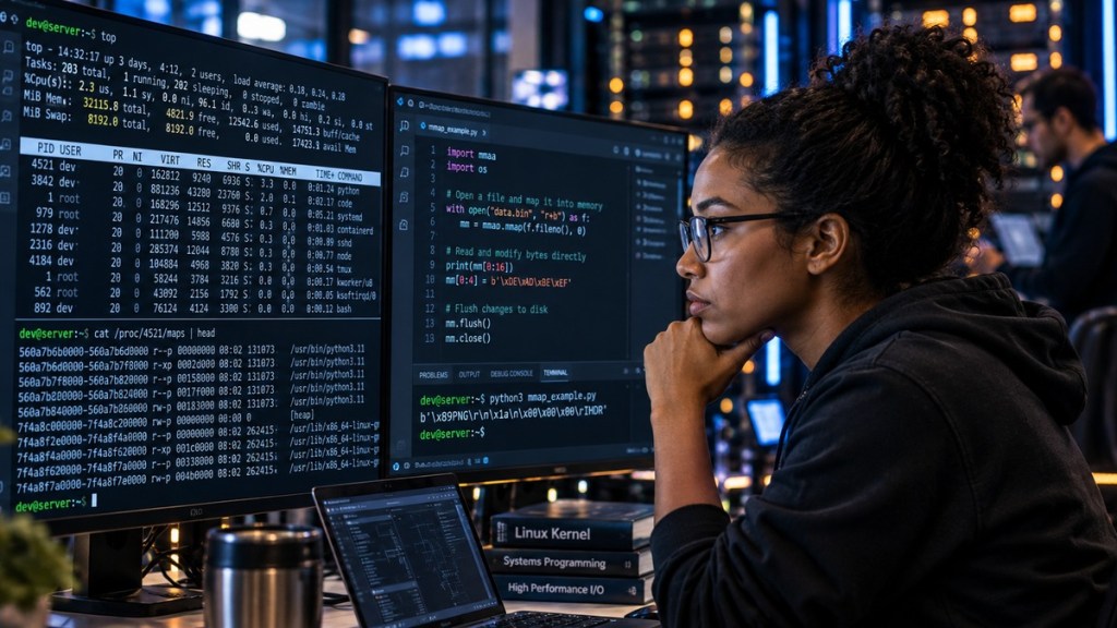 A systems engineer studying Linux process memory and virtual-memory activity on multiple monitors in a server lab.
