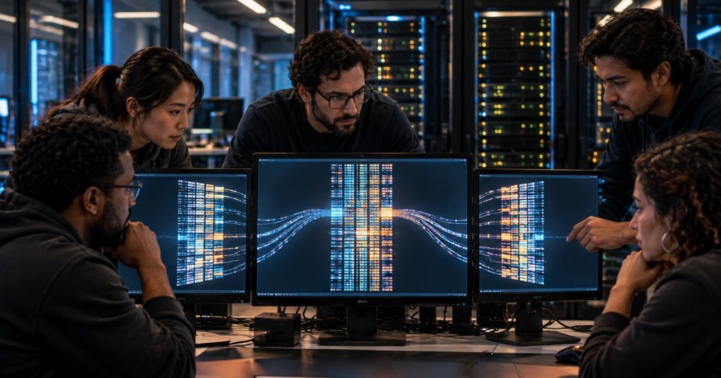 A diverse team of systems engineers analyzing Linux memory behavior and process activity in a modern data-center operations room.