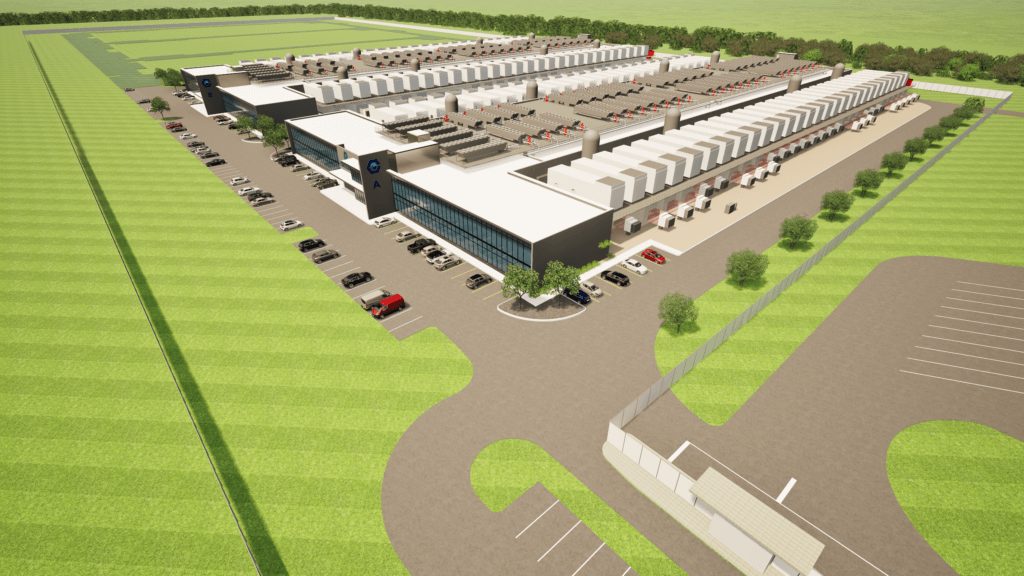 Core Scientific official architectural rendering of Muskogee high-density data center buildings and outdoor cooling equipment