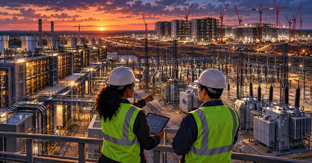 Original detailed editorial artwork of two engineers overlooking a high-voltage substation and expanding data center construction campus, representing Core Scientific's Polaris DS acquisition in Muskogee.