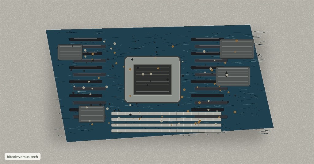 Realistic color-pencil editorial illustration of a modern AMD EPYC server motherboard with a central SP5 CPU socket, dense DDR5 memory slots and PCIe expansion slots.
