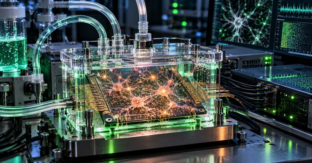 Concept illustration of lab-grown neurons interfacing with a silicon chip inside a biological computer research system