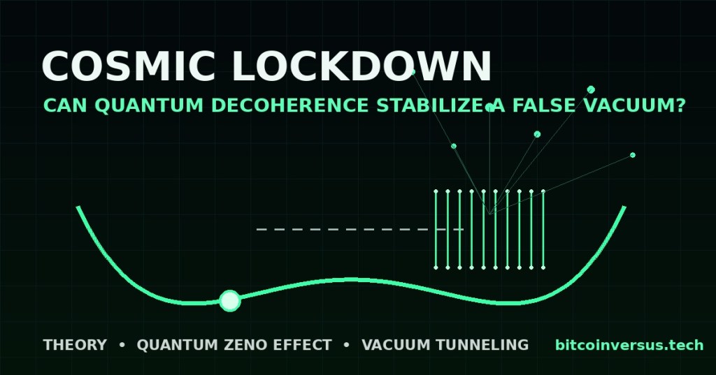 Dark technical illustration of a quantum field trapped in a double-well vacuum potential by decoherence, representing the cosmic lockdown mechanism.