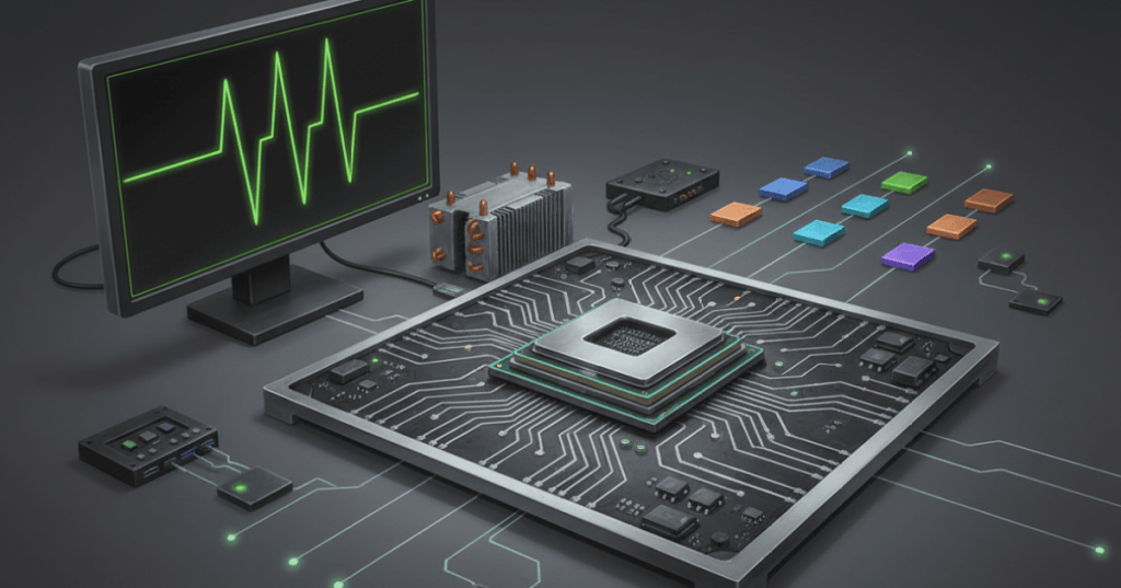Modern CPU on a motherboard test bench illustrating clock frequency and processor work per cycle.