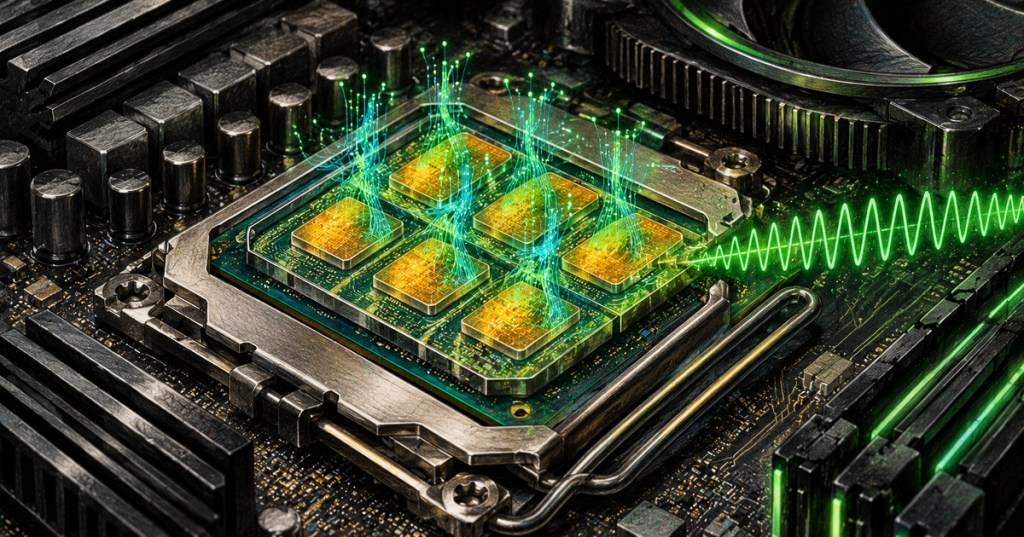 Technical illustration of a multicore CPU on a motherboard with visible processing cores, thread-like data paths, and a clock waveform.