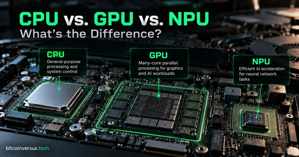 Photorealistic motherboard with highlighted CPU, GPU, and NPU modules and simple labels describing their roles.