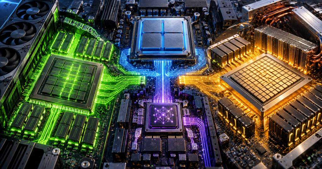 Wordless technical illustration of four interconnected processor architectures on a motherboard, representing CPU, GPU, NPU and TPU compute.