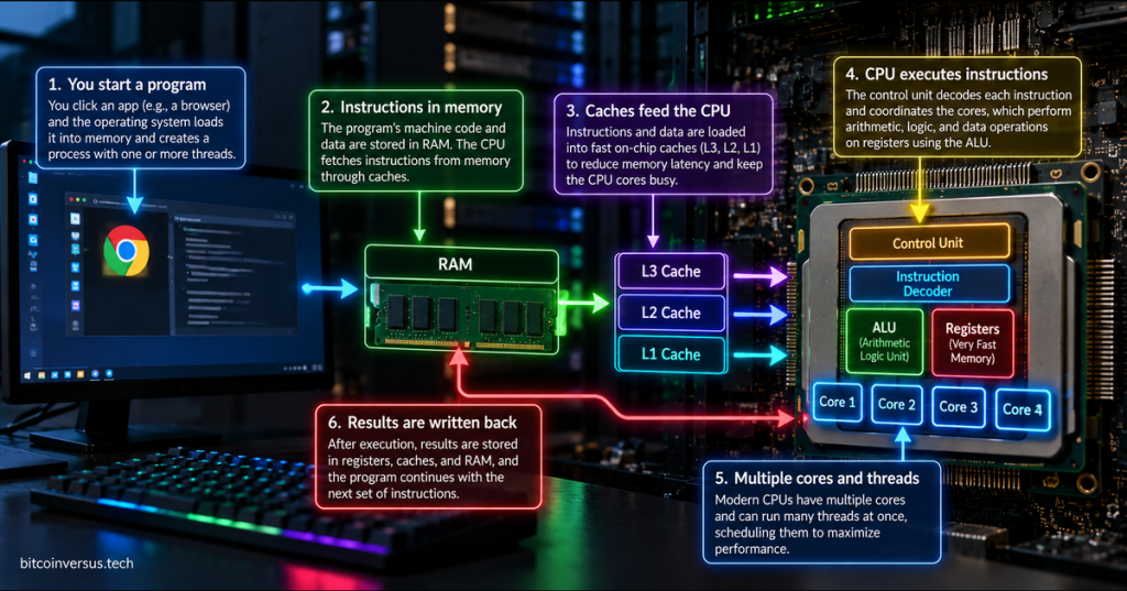 Diagram showing a program loaded into RAM, CPU cache levels, and CPU components including the control unit, instruction decoder, ALU, registers, and processor cores.