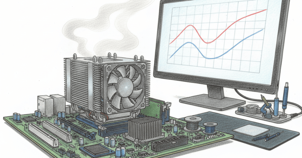 CPU under a heatsink and cooling fan illustrating processor heat and thermal throttling.