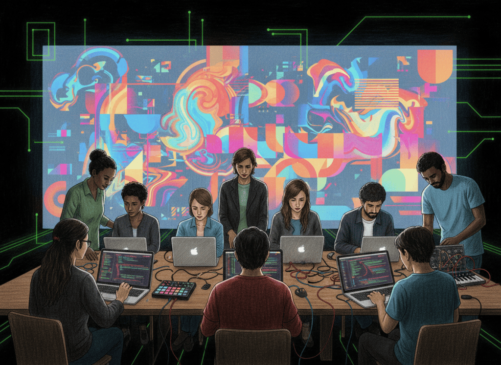 Creative technologists coding generative art in a gallery-like studio with projections, laptops and electronic music tools.