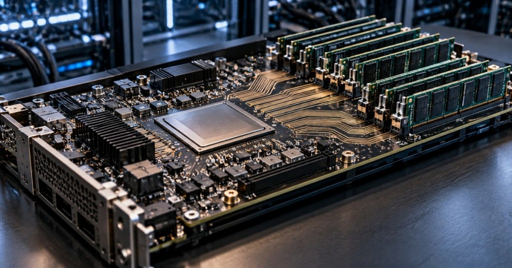 AI accelerator board with expanded memory modules representing Credo OmniConnect running on AMD Versal hardware.