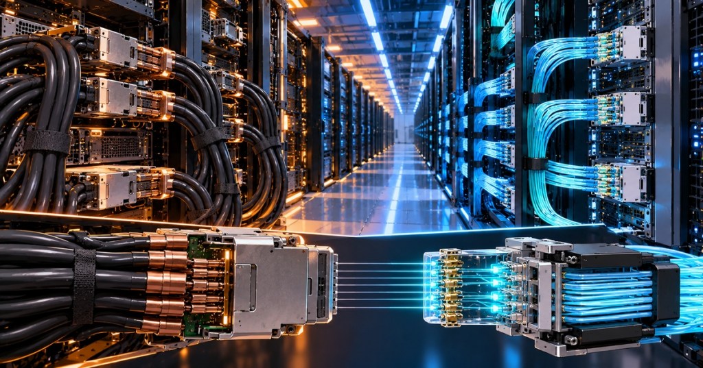 Anime-style editorial illustration contrasting copper and optical interconnects inside an AI data center.