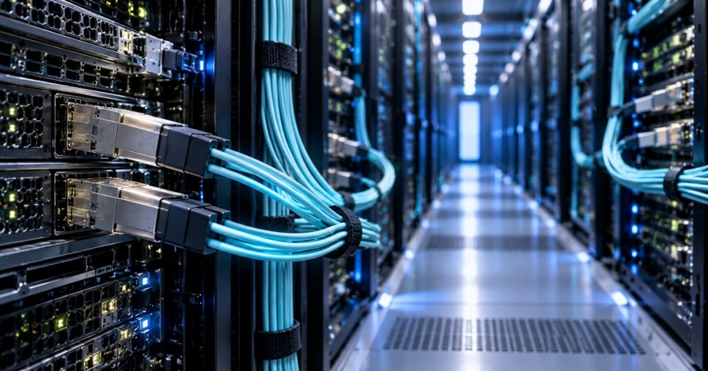 High-speed optical cables connected to AI data center networking equipment