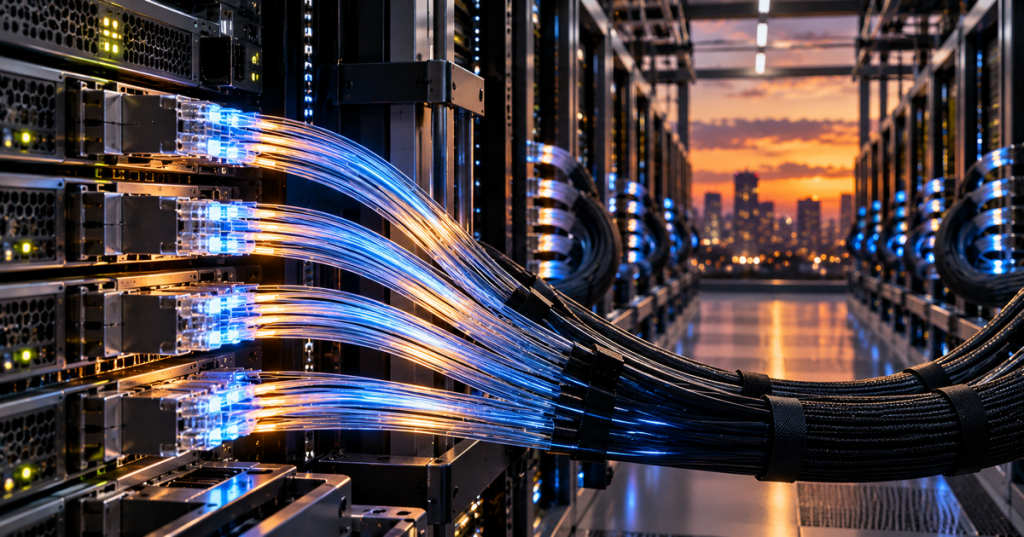 Illustration of dense optical interconnect cables linking AI data center server racks with glowing fiber paths.