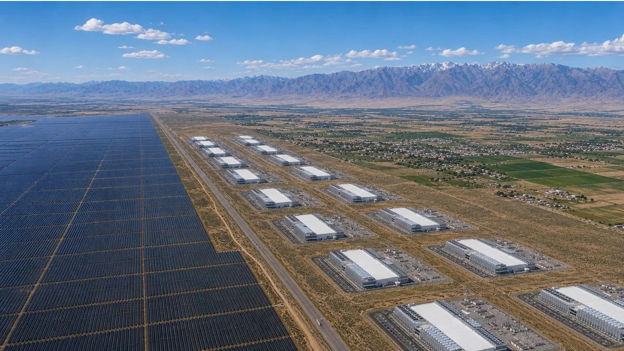 Creekstone Energy's official conceptual image of the planned Delta Gigasite data center, solar development and valley surroundings