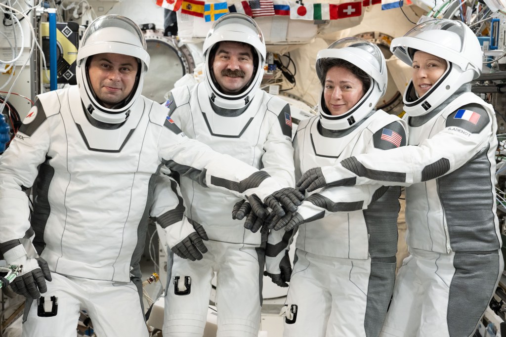 Crew-12 members Andrey Fedyaev, Jack Hathaway, Jessica Meir, and Sophie Adenot in their Dragon pressure suits aboard the International Space Station before returning home.