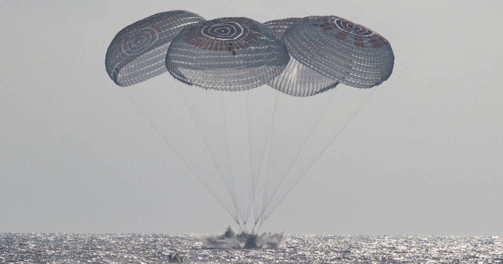 SpaceX Crew Dragon Freedom splashes down in the Pacific Ocean off Los Angeles with four Crew-12 astronauts aboard after nearly eight months in space.