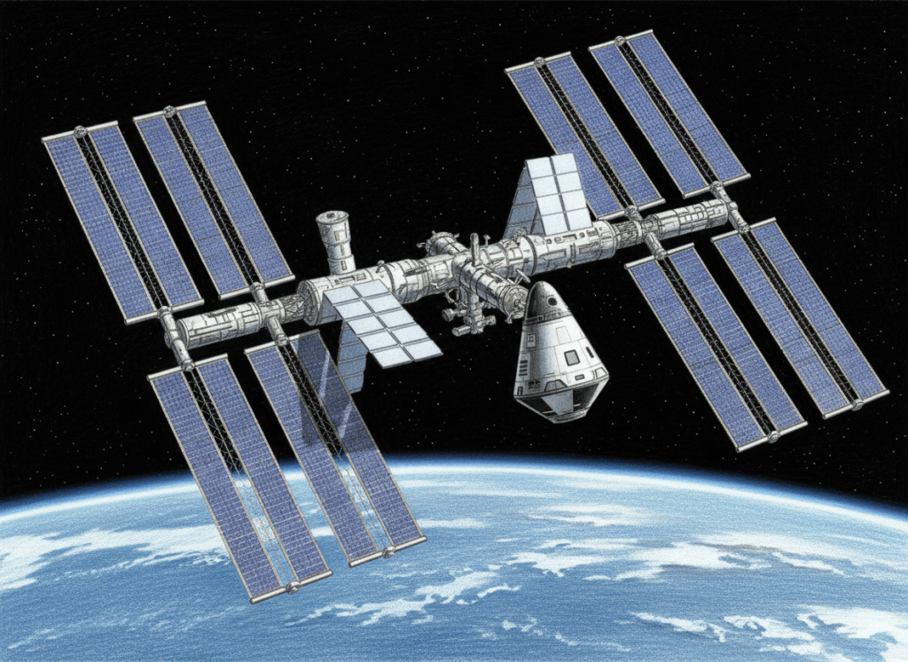 Color-pencil illustration of a crew spacecraft approaching the International Space Station for docking above Earth.