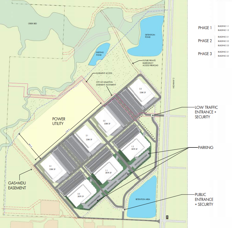 Project Fighting Pike's proposed phased arrangement of seven data center buildings, internal roads, ponds and utility infrastructure