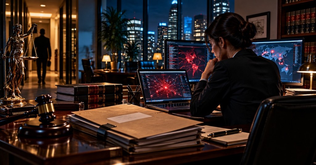 Editorial illustration of cybersecurity analyst investigating a law firm intrusion at night