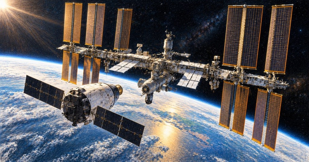 Illustration of a cargo spacecraft approaching the International Space Station carrying the final roll-out solar arrays.