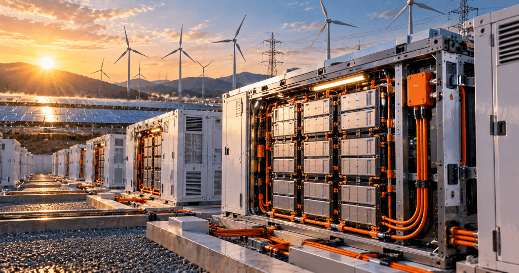 Cinematic renewable-energy campus with battery storage, solar arrays, wind turbines, transmission lines, and high-power equipment representing an energy-first AI data center.