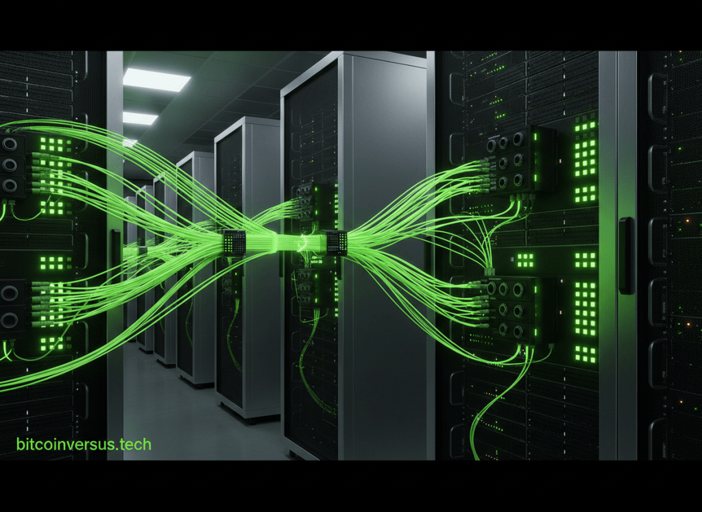 AI accelerator racks linked by a resilient optical network with traffic rerouting around a failed fiber path.