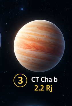 Illustrative rendering of CT Cha b from the BitcoinVersus.Tech exoplanet scale comparison, labeled at 2.2 Jupiter radii.