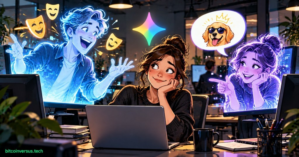 Comic illustration of a journalist working alongside two quirky AI coworker clones in a newsroom