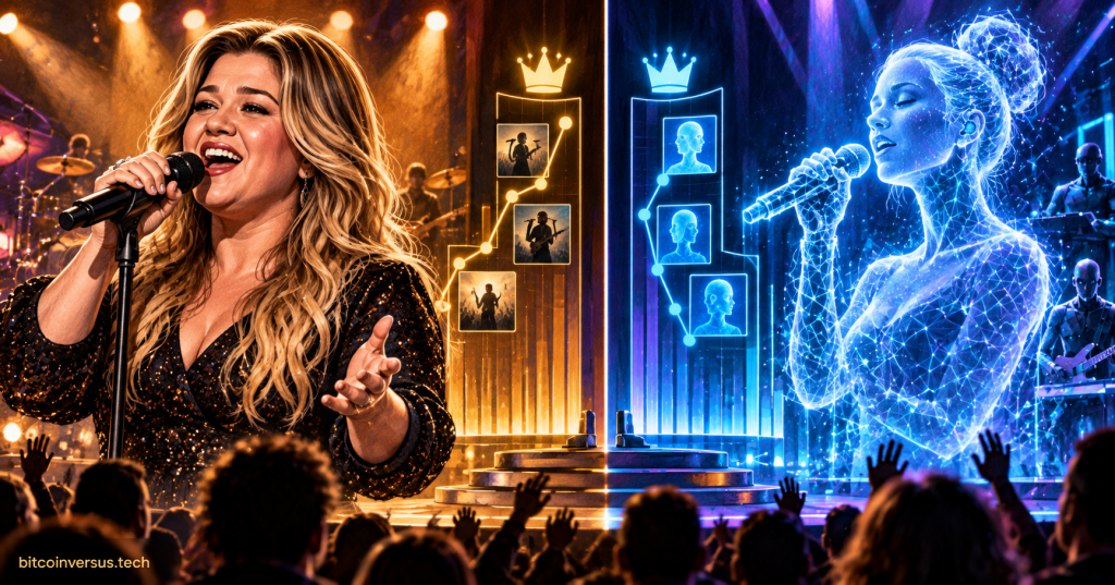 Conceptual illustration of a human singer and a holographic AI singer performing on separate sides of a music chart stage.