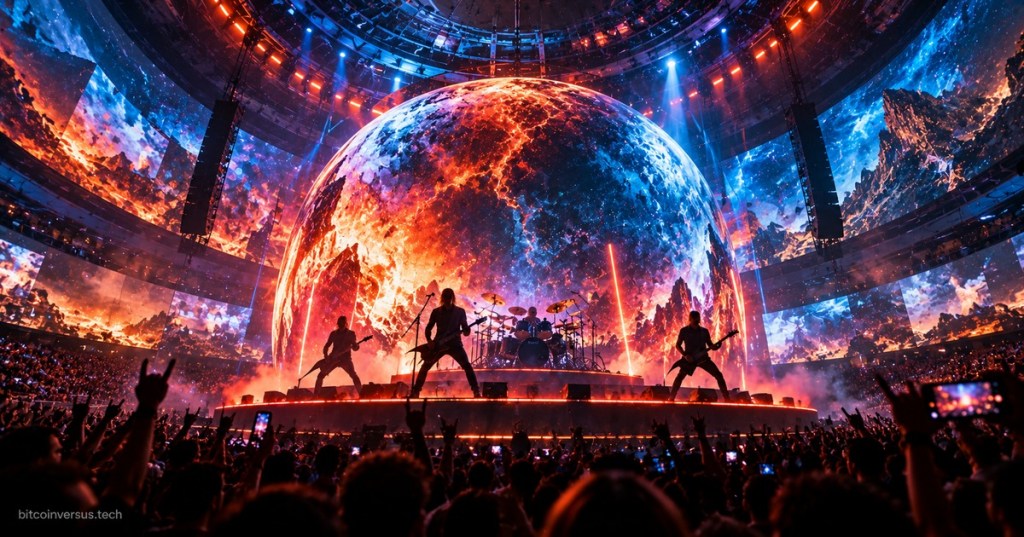 Heavy metal concert inside a futuristic spherical venue with immersive LED visuals