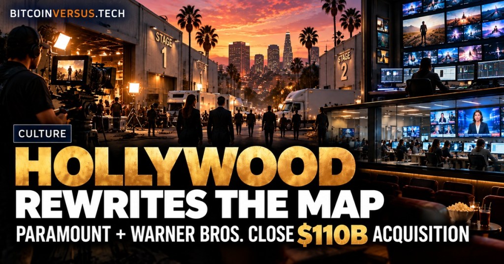 Realistic editorial Hollywood studio scene showing production crews, streaming control rooms, newsroom operations, and a $110 billion media acquisition theme without company logos.
