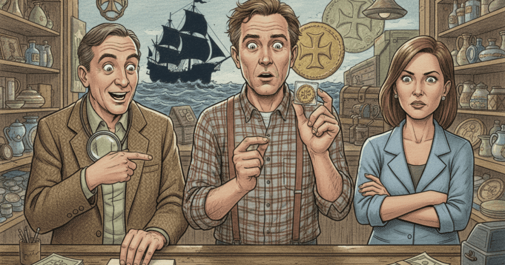 Wordless color-pencil illustration of a pawn-shop seller holding a rare Spanish gold coin while an expert raises its value and a buyer makes a lower offer.