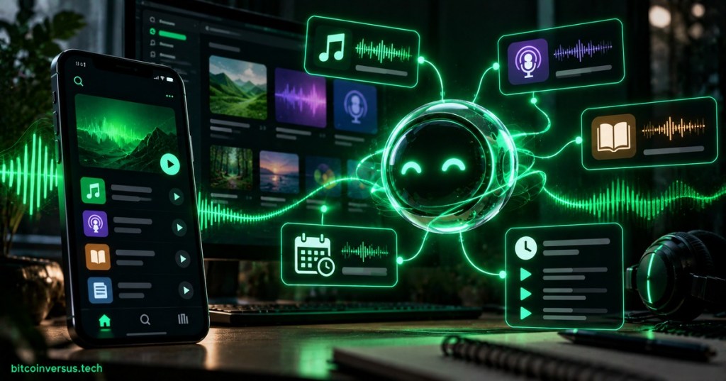 AI music assistant connecting songs, podcasts, audiobooks, playlists, and scheduled listening in a dark neon-green desktop scene.