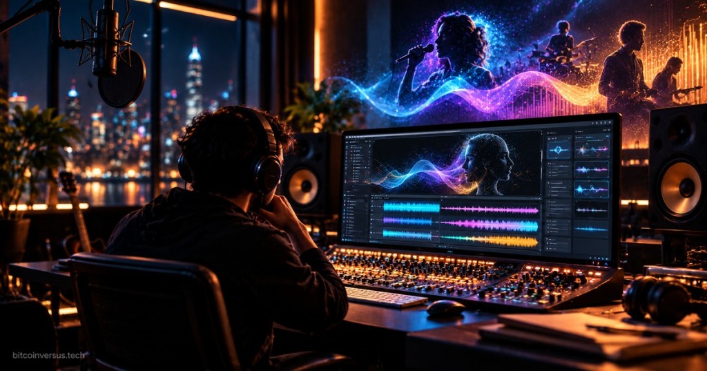 Futuristic recording studio with AI music waveforms, virtual performers, and a producer working at a mixing console