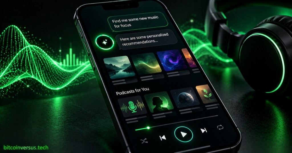 Futuristic smartphone music app with neon-green audio waves and headphones, representing conversational AI music discovery.
