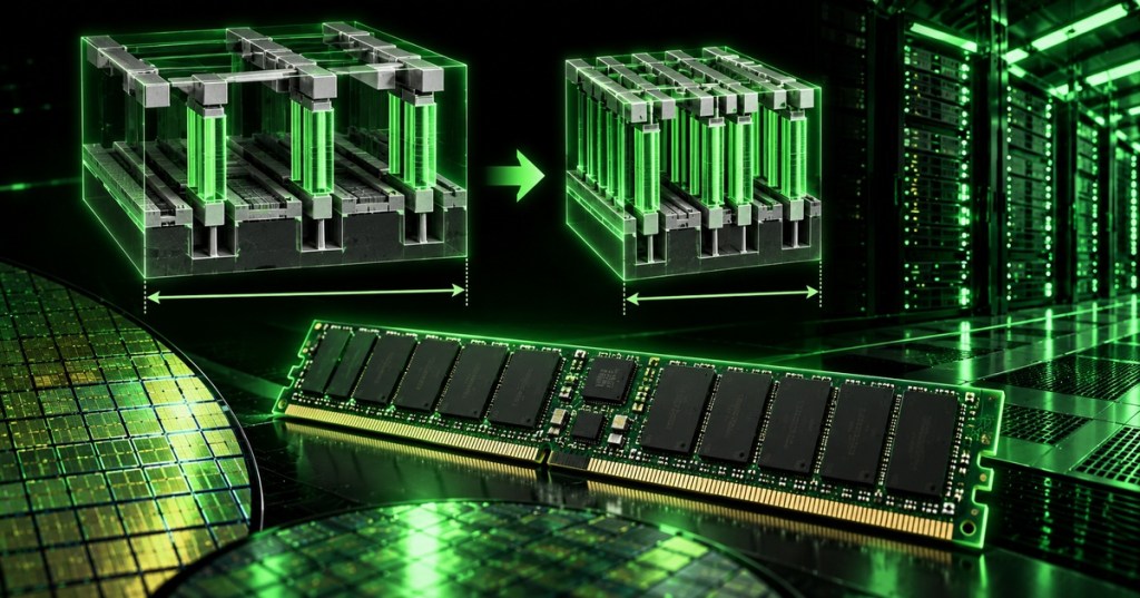 Minimal black and neon-green technical illustration of denser DRAM cells, a server DDR5 memory module and data-center racks.