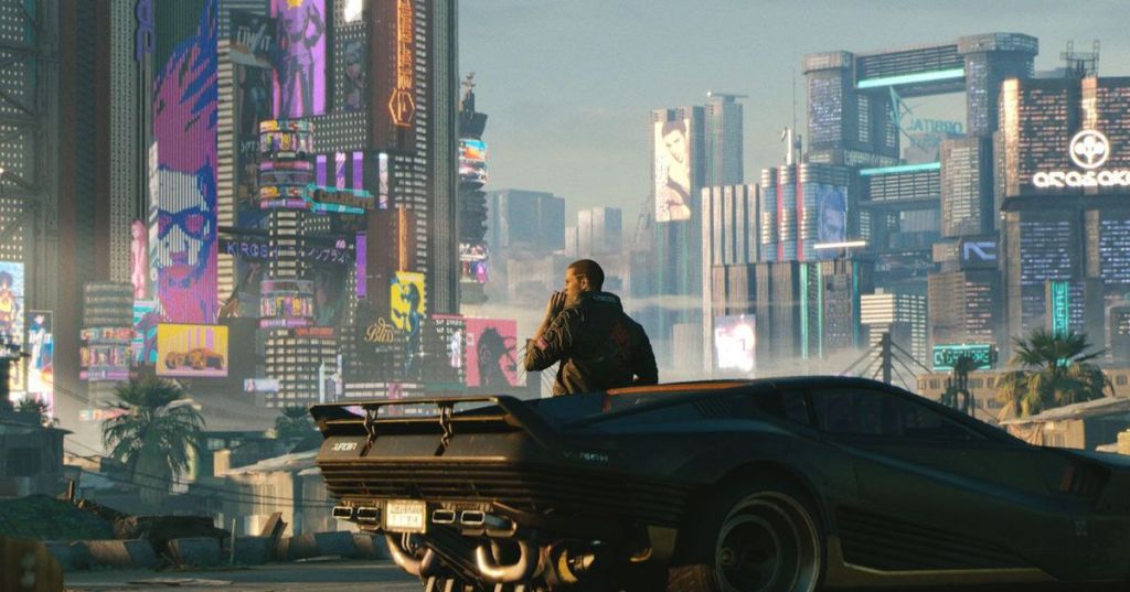 A Cyberpunk 2077 character beside a futuristic car overlooking Night City
